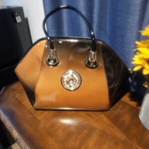 Two-Tone Tan and Black Patent Satchel with Gold Medallion #884